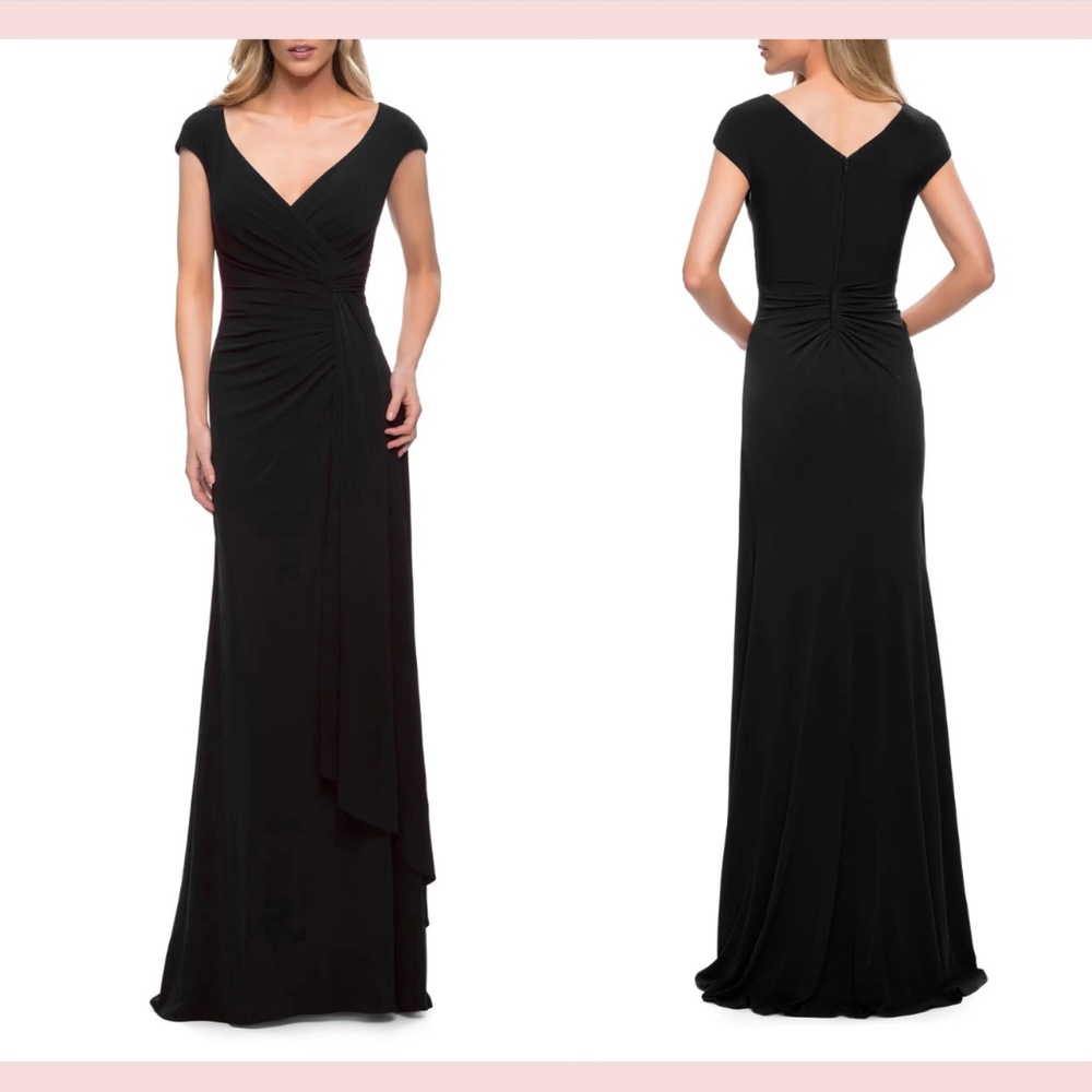 NEW $389 La Femme [ 8 ] Cap Sleeve‎ Drape Ruched Jersey Sheath Gown Black